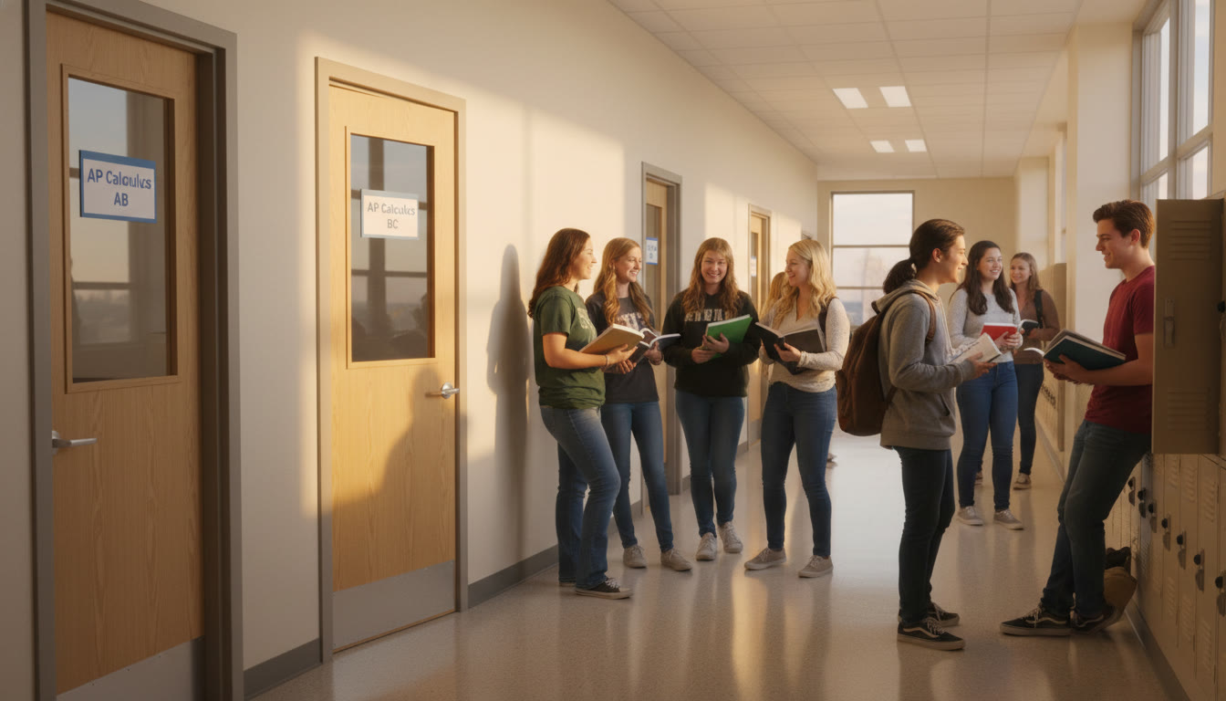 Photo Idea : A daytime photo of a high school hallway with two classroom doors side-by-side—one labeled