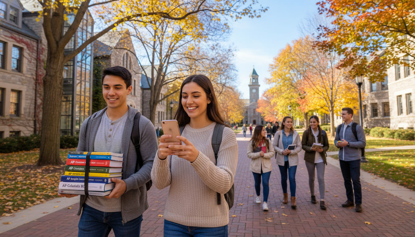 Photo Idea : A campus scene showing students walking between buildings on a crisp day — one student is checking a smartphone (representing score sends and digital planning) while another carries a stack of AP prep books, suggesting preparation and transition.