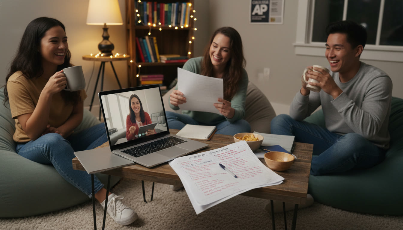 Photo Idea : A cozy evening session with students gathered around a laptop, a printed mistakes sheet visible, and a tutor on a tablet joining remotely—illustrates hybrid group study and small-group tutoring support.