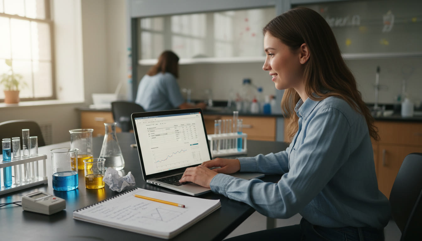 Photo Idea : A student at a lab bench converting handwritten experimental notes into a structured digital report on a laptop, with beakers and a data table visible — emphasizes the transition from practical to polished report.