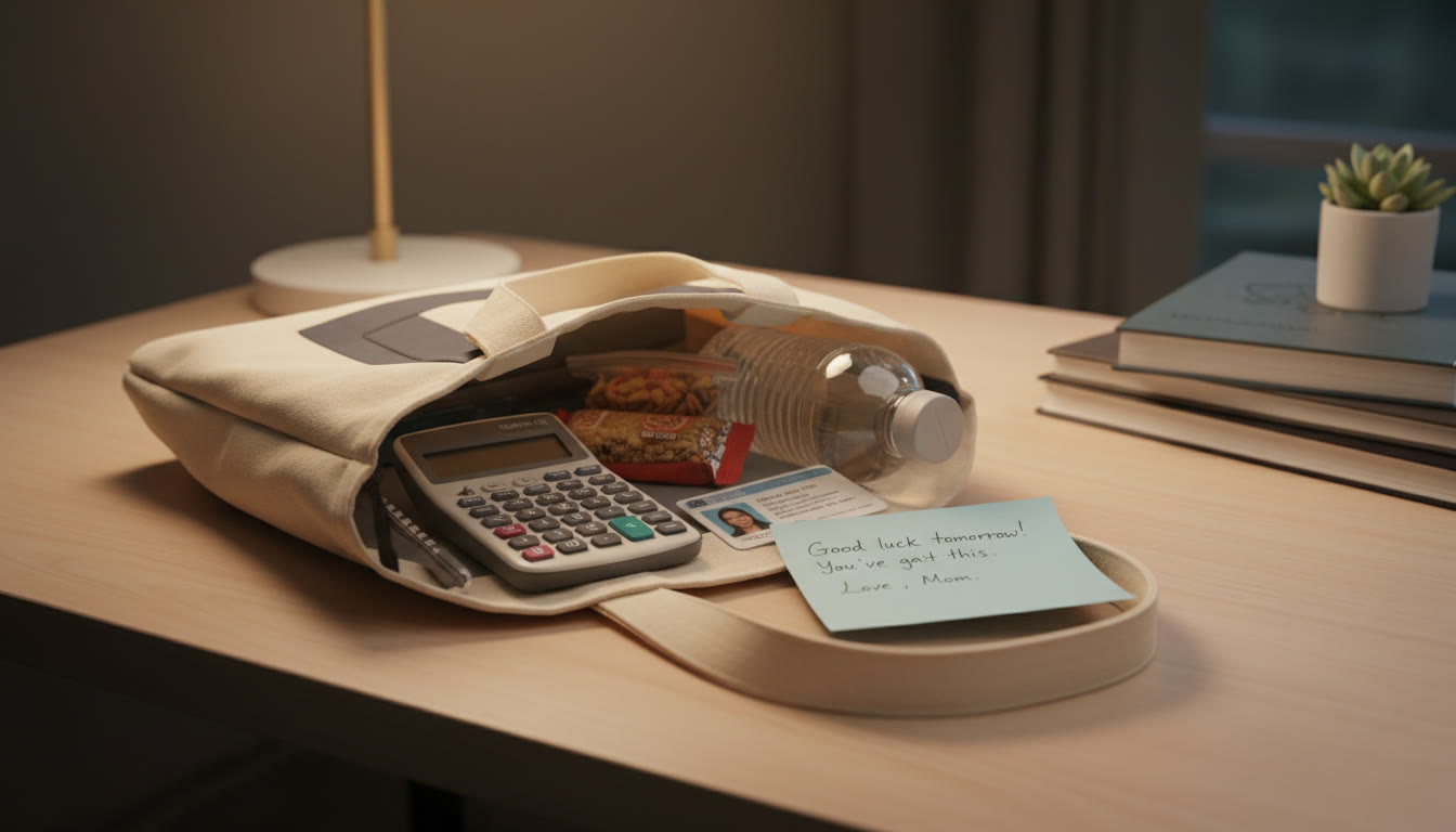 Photo Idea : A neat bag laid out the night before test day with approved calculator, water bottle, ID, snacks, and a calm note from a parent   visualizes preparation and care.