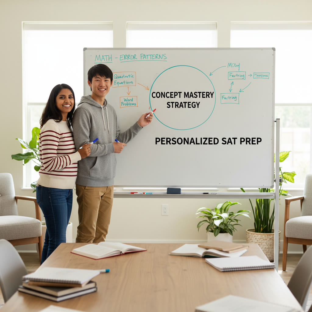 Coaching session idea: a tutor and student at a whiteboard mapping out an error pattern — showing one-on-one guidance and personalized strategy.