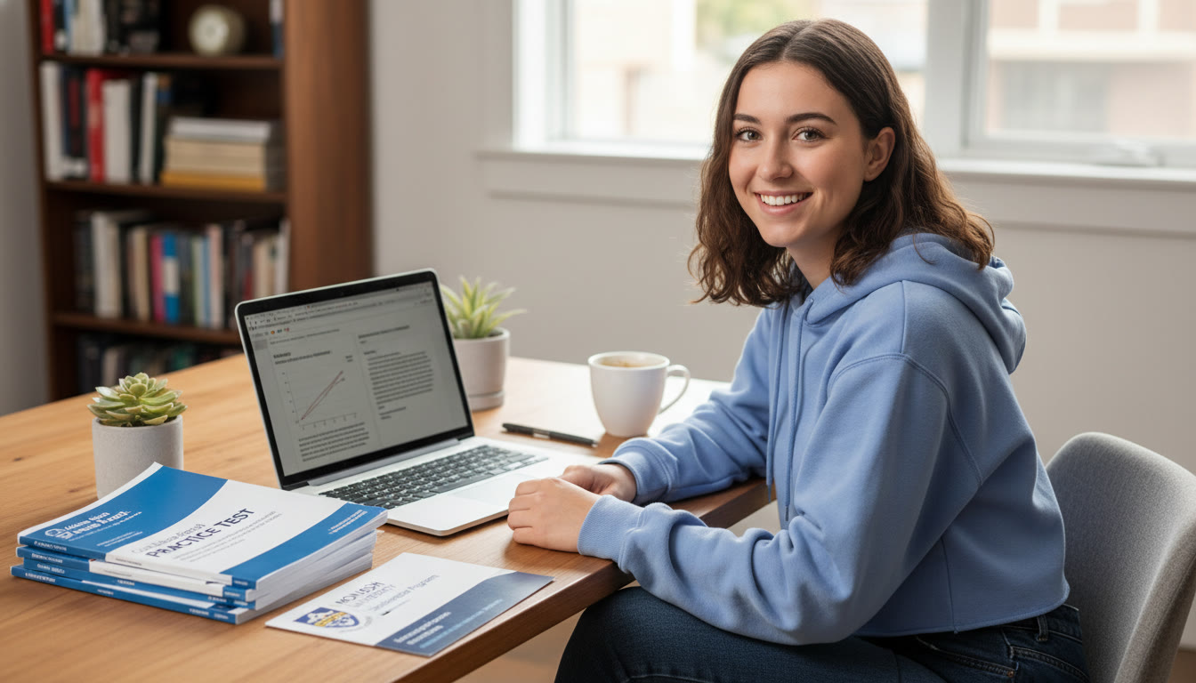 Photo Idea : A calm study scene showing a student at a desk with a laptop, official SAT practice booklets, and a small Monash University brochure nearby.