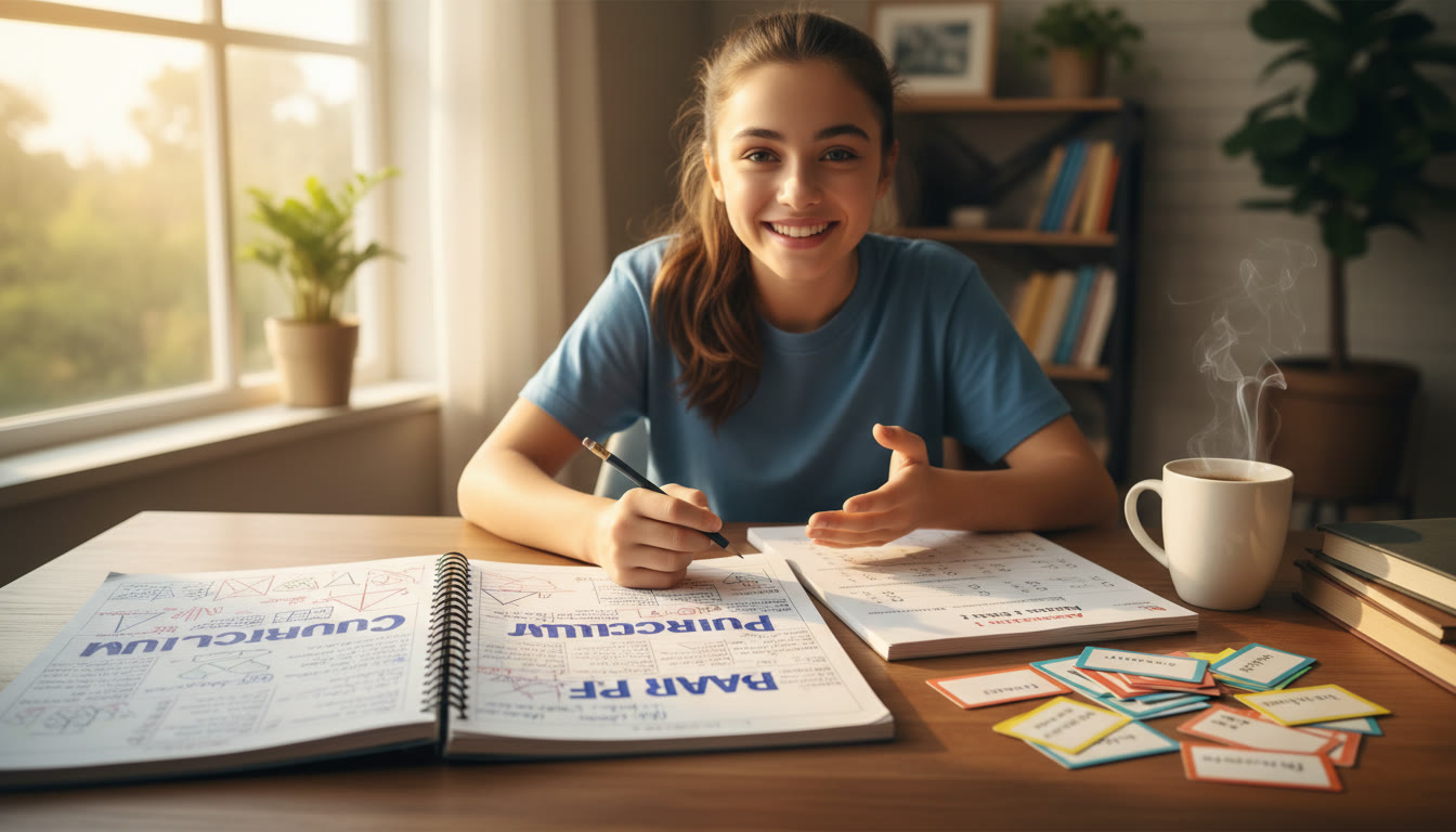 Photo Idea : A high school student sitting at a desk with two open notebooks — one labeled 