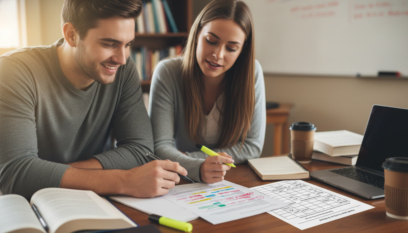 Photo Idea : Close-up of a tutor and student reviewing a scored essay with colored annotations and a rubric visible — illustrates constructive feedback and targeted revision. Place this image in the latter half where feedback and tutoring are discussed.