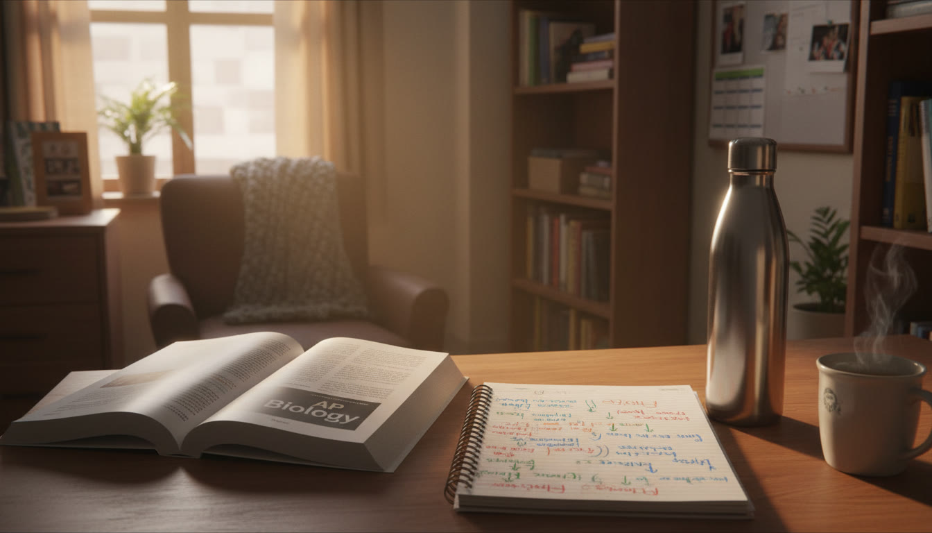Photo Idea : A warm study nook in a boarding school dormitory — soft lighting, open AP textbook, notebook with color-coded notes, and a reusable water bottle. The shot should feel calm and focused, capturing the promise of productive quiet hours.