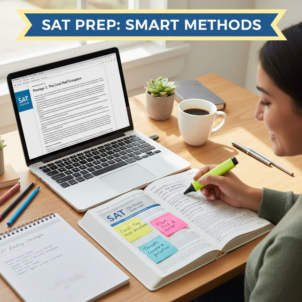 Open book and laptop with a practice SAT passage displayed, sticky notes with one-sentence summaries visible — suggests combining paper and digital study methods for efficient prep
