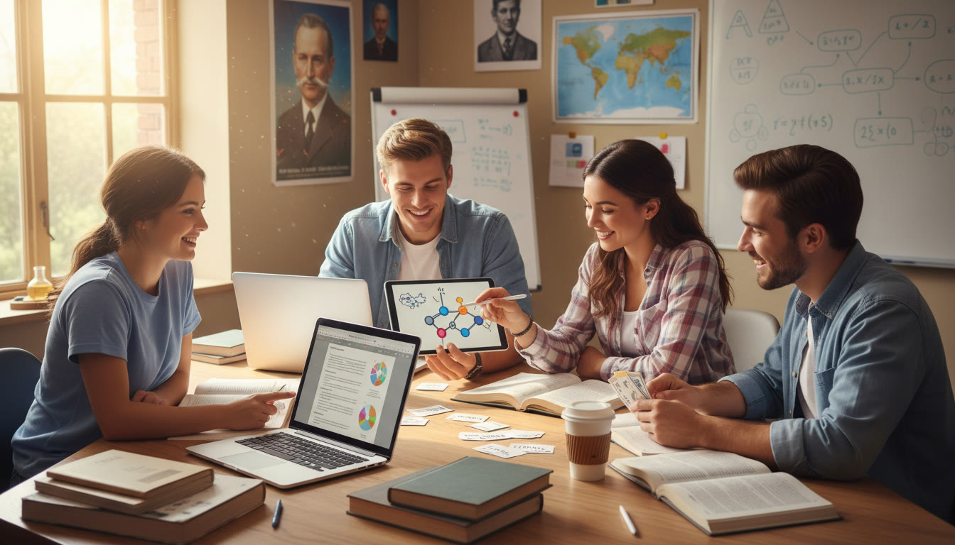 Photo Idea : A bright, natural-light study space with four students around a table laptops open, flashcards scattered, one student explaining a diagram on a tablet. Captures collaborative energy and focused discussion, ideal for top-of-article placement.