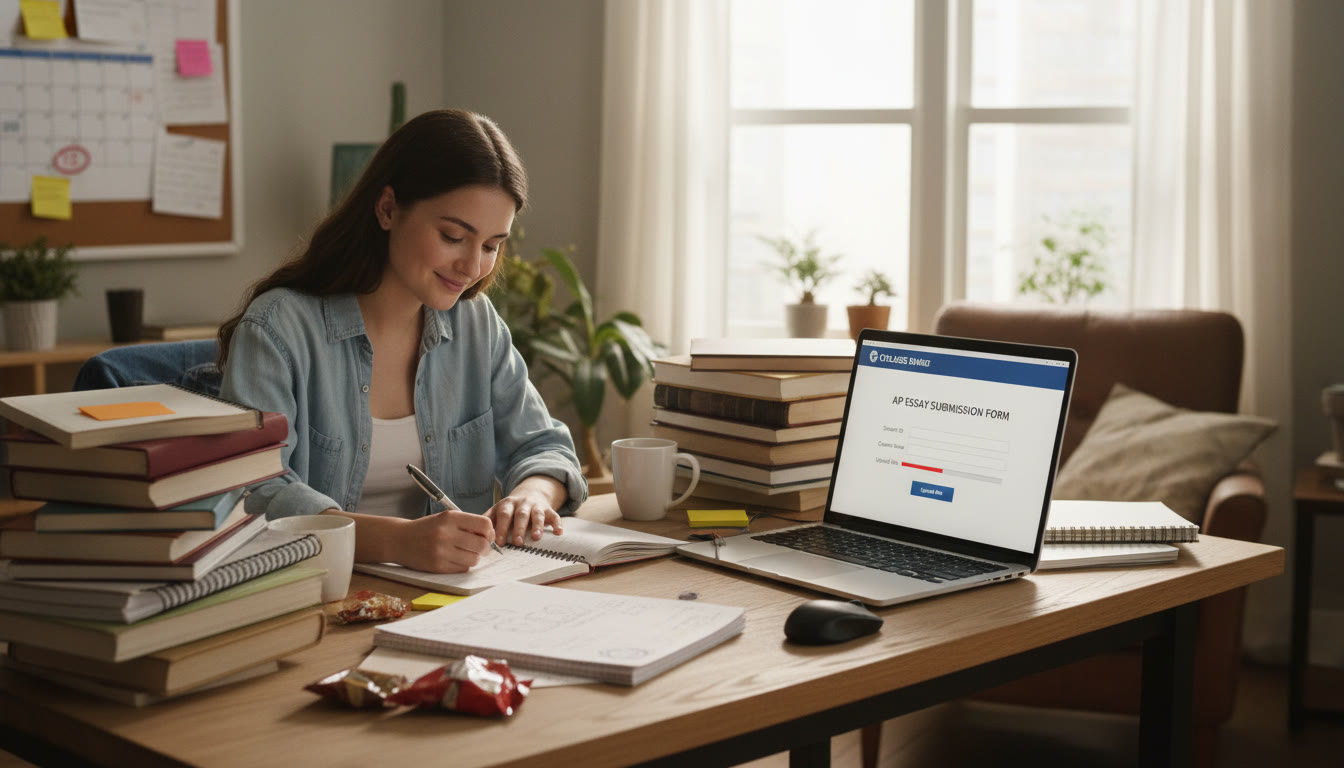 Photo Idea : A bright study nook with a student writing at a desk, piles of annotated books around them, and a laptop open to a submission form—captures focus, research, and the tension of deadlines.