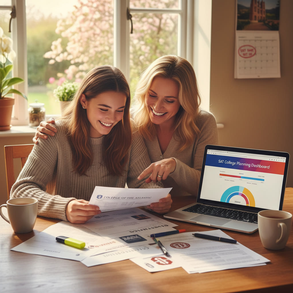 Photo Idea : A warm, candid image of a parent and teen reviewing college materials at a kitchen table, with printouts of college profiles and a laptop open to a college planning dashboard — evokes partnership and planning.