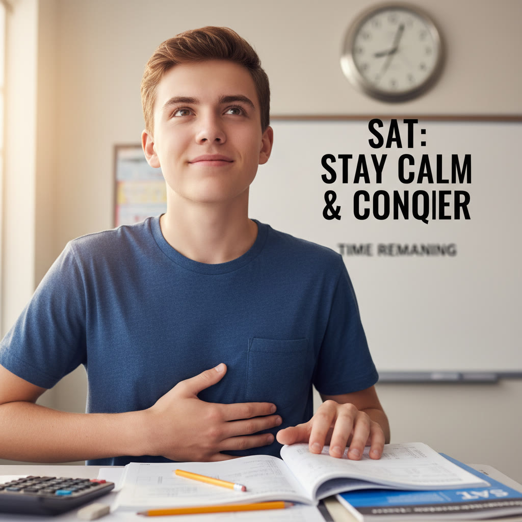 Close-up of a student at an exam desk doing a subtle breathing reset with eyes open, hand over the abdomen showing diaphragmatic breathing, clock in background.