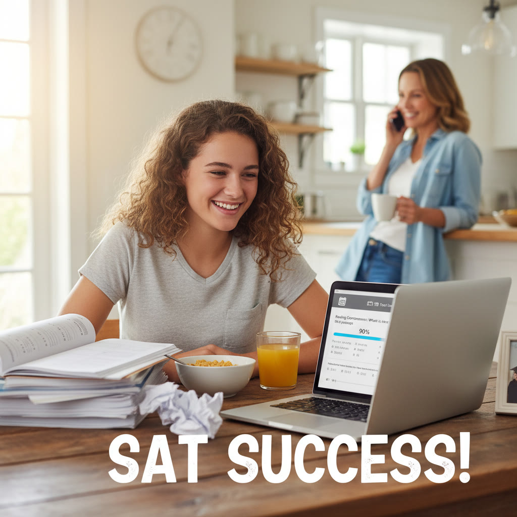 Photo Idea : A student at a kitchen table with a laptop, practice test printouts, and a parent chatting in the background — warm natural light, a relaxed but focused vibe.