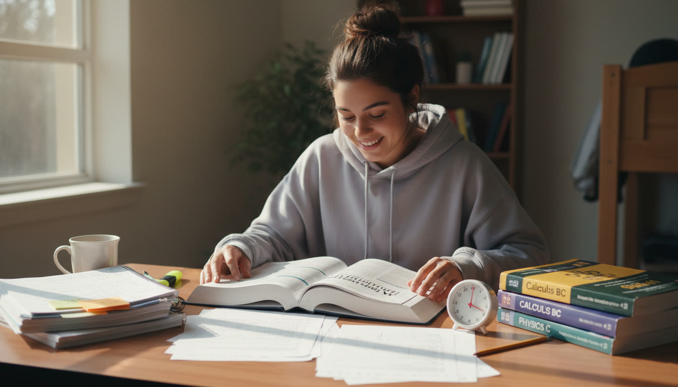 Photo Idea : A student sitting at a study table with a small timer, AP textbooks, and notes spread out — natural light, relaxed posture, showing focus rather than panic.