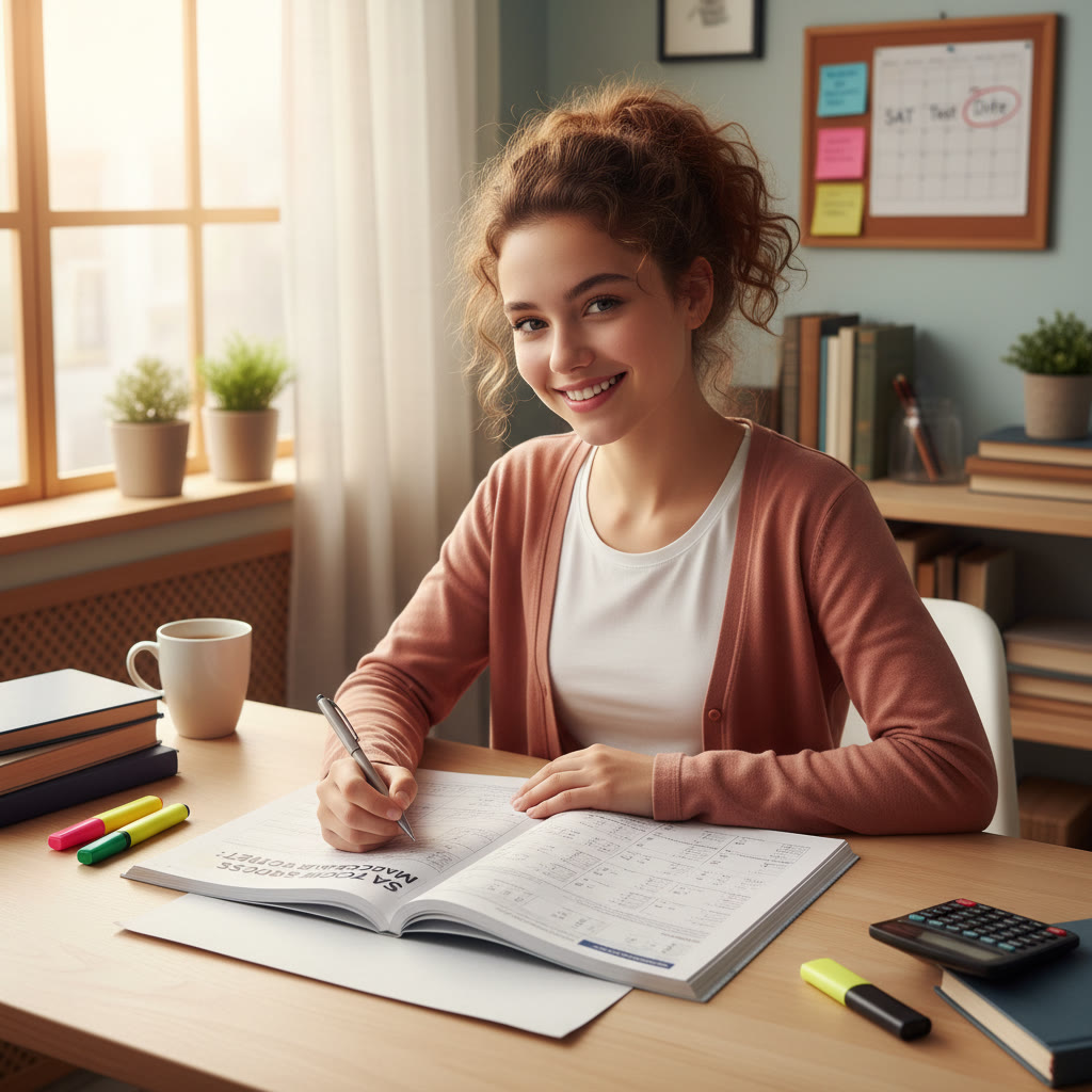 Student at a desk with open SAT practice booklet, pen in hand, focused expression — shows active studying and concentrated effort.
