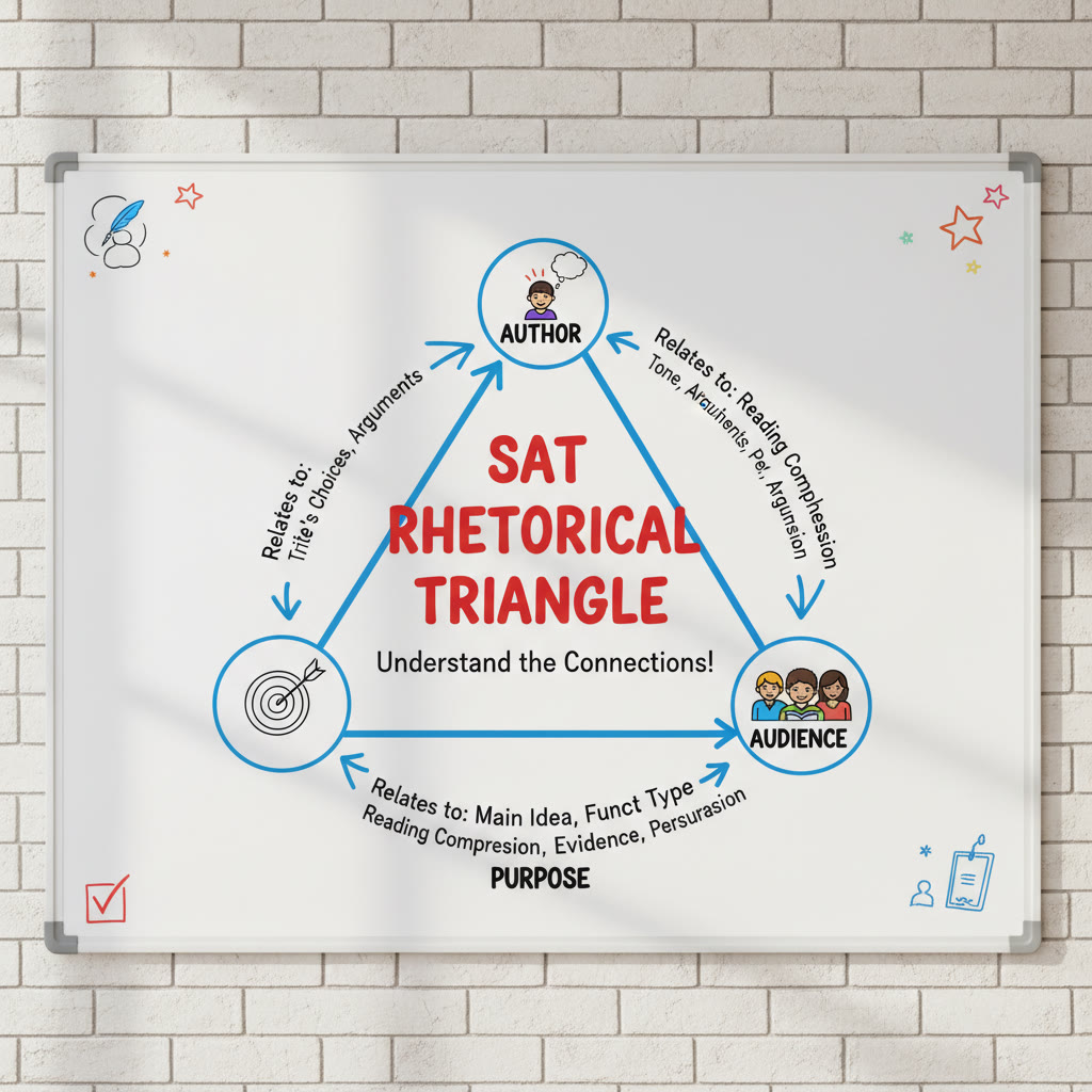 Diagram of the rhetorical triangle (author, audience, purpose) with brief labels showing how each relates to SAT questions.