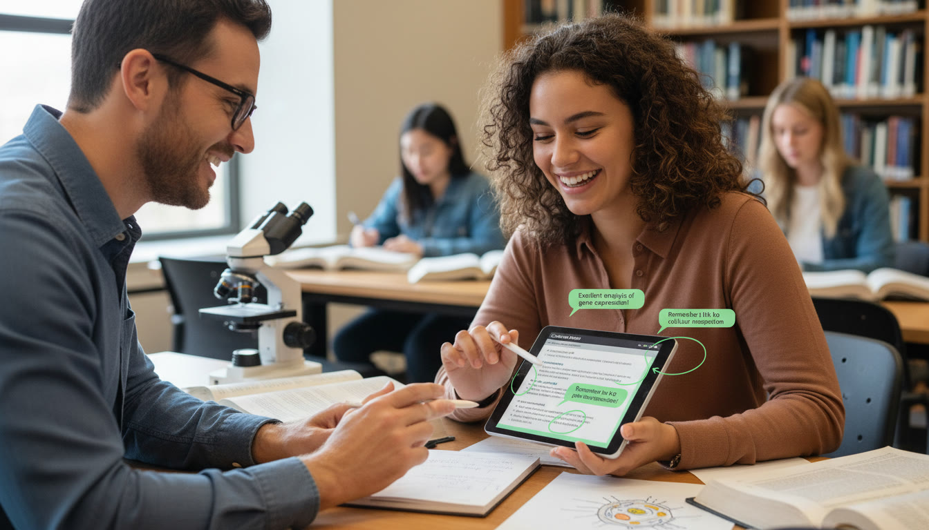 Photo Idea : A candid shot of a student and a tutor working through a biology free-response question together, with a tablet showing annotated feedback — symbolizes guided, personalized support.