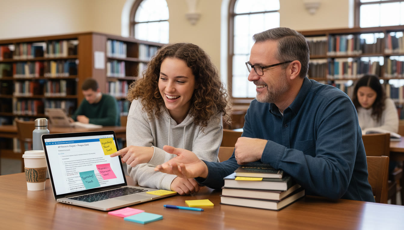 Photo Idea : A student meeting with a teacher at a library table, laptop open with a document and sticky notes — evokes the checkpoint conversation and process evidence.