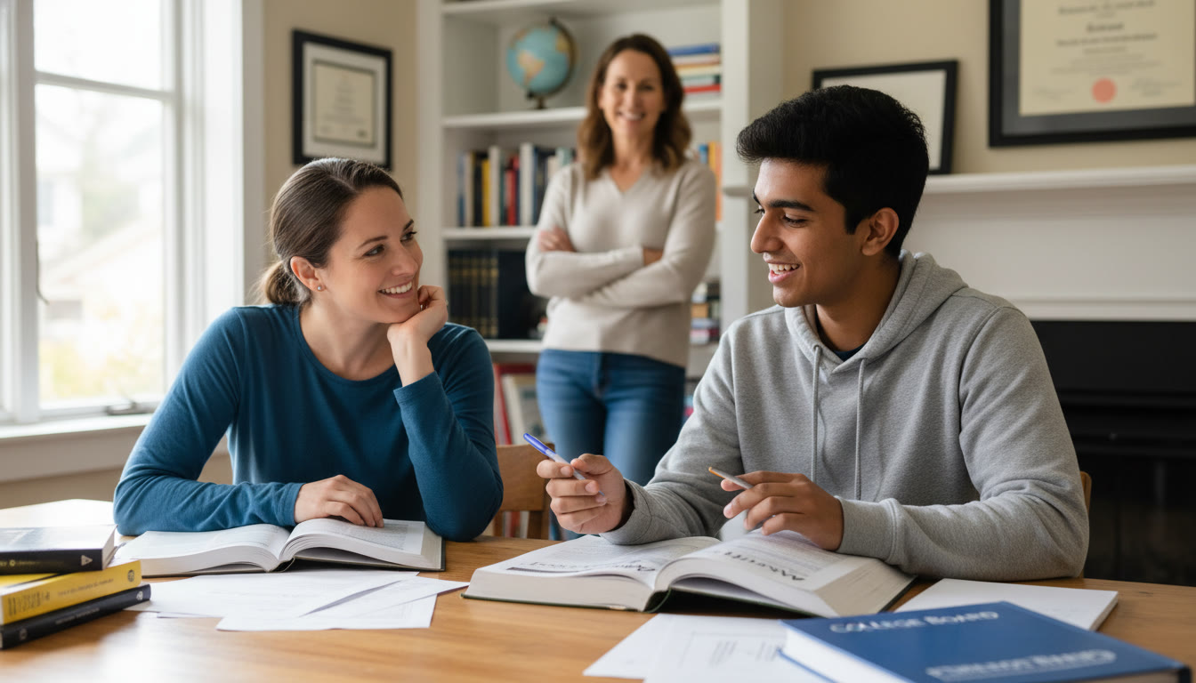 Photo Idea : A mid-article photo of a focused, collaborative tutoring session. Show a student explaining a problem to a tutor, with a parent observing from a respectful distance, smiling encouragingly. The visual communicates support without control.