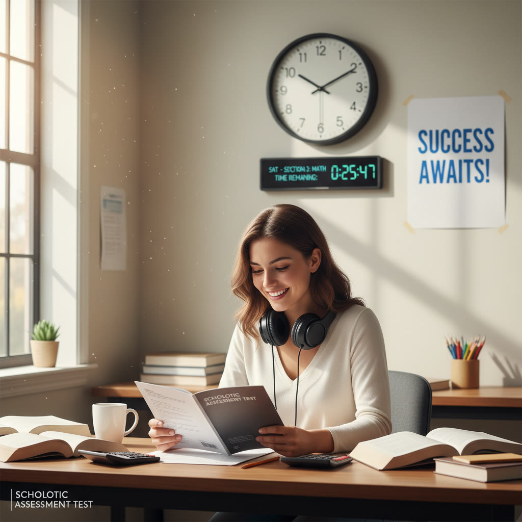 Photo idea: A focused student in a quiet room with headphones off to show concentration—test ticker visible in background on a wall clock.
