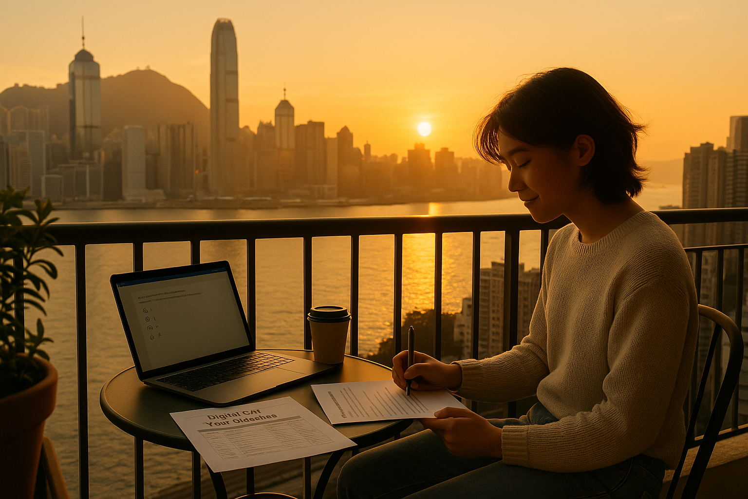 Photo Idea : A Hong Kong skyline at golden hour with a student studying on a balcony, laptop open to practice questions and a printed Digital SAT schedule nearby.