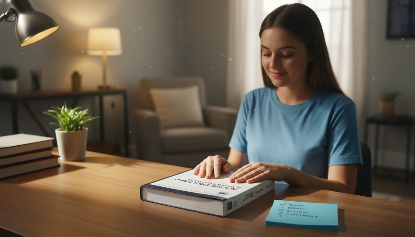 Photo Idea : A quiet scene of a student closing a practice test booklet with a small checklist beside them (sleep, breath, review, confidence). This image works well near the conclusion to reinforce the checklist and the calm completion of preparation.