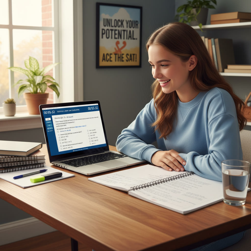 Photo idea: A student at a desk doing a practice test in a quiet room with a timer, notebooks, and a laptop open to a digital practice test—captures focus and simulated test conditions.