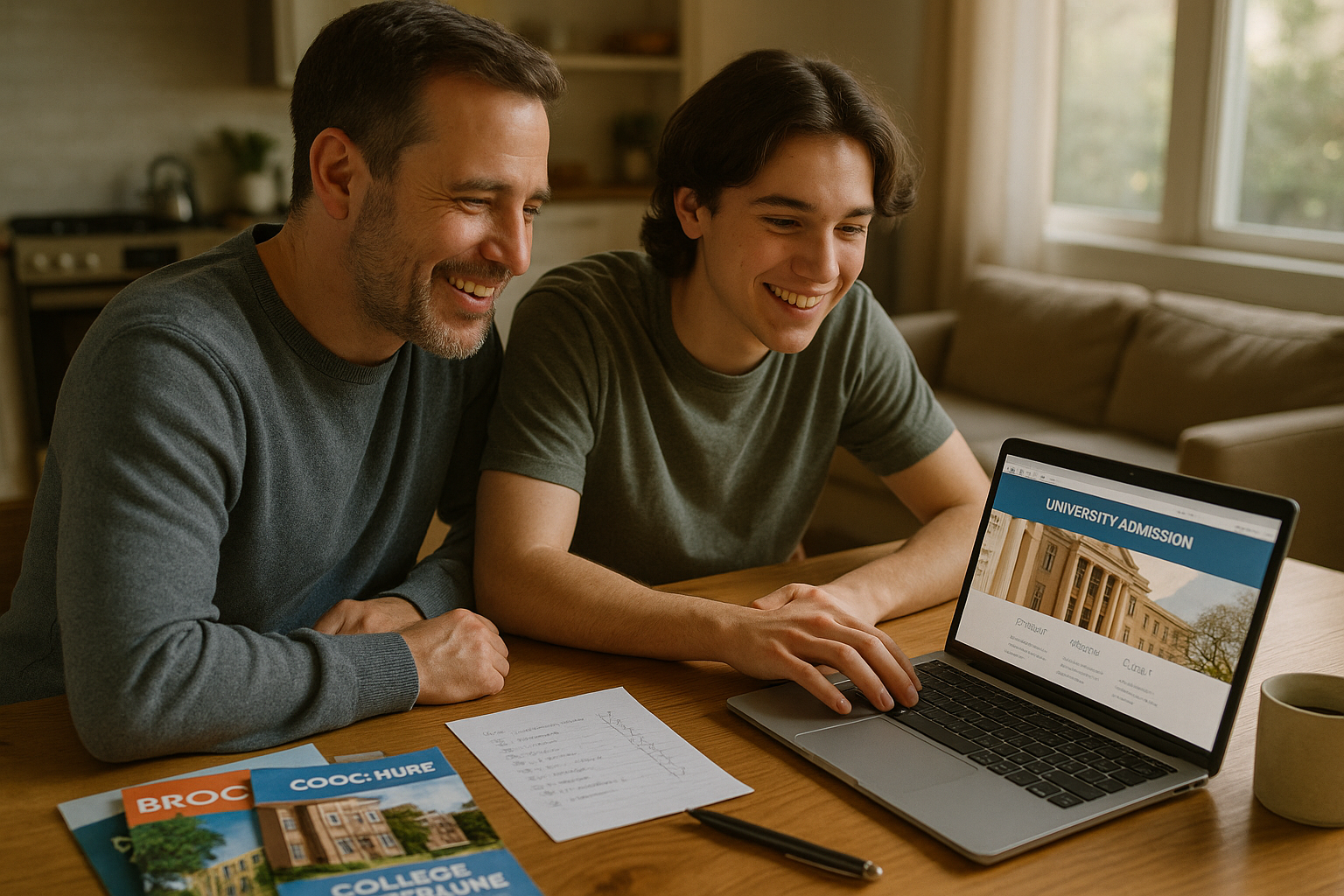 Photo Idea : A candid photo of a parent and teen looking at a laptop together, both smiling, surrounded by college brochures and a checklist on the table — natural light, relaxed atmosphere.