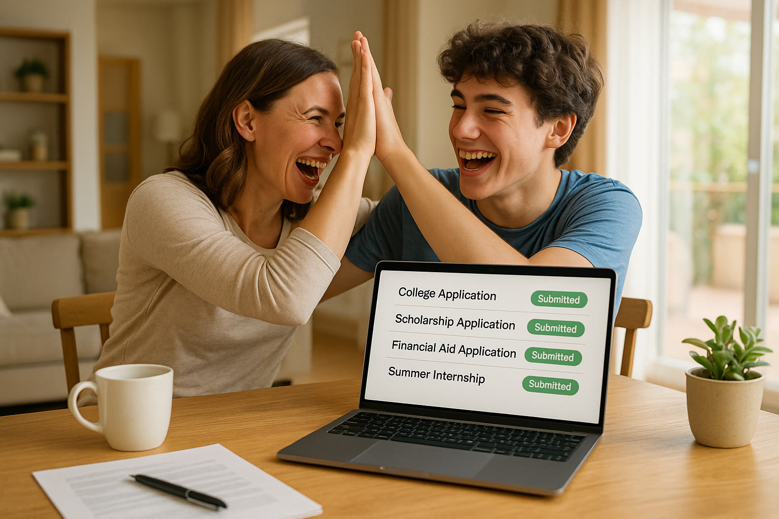 Photo Idea : A bright image of a parent and teen celebrating with a checklist on a laptop showing 