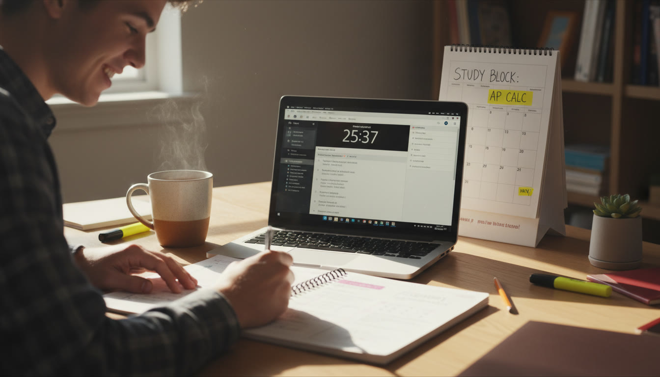 Photo Idea : A student reviewing a single notebook beside a laptop showing a timed practice section. The image captures a focused moment—notes, a cup of tea, and a calendar with one study block highlighted.