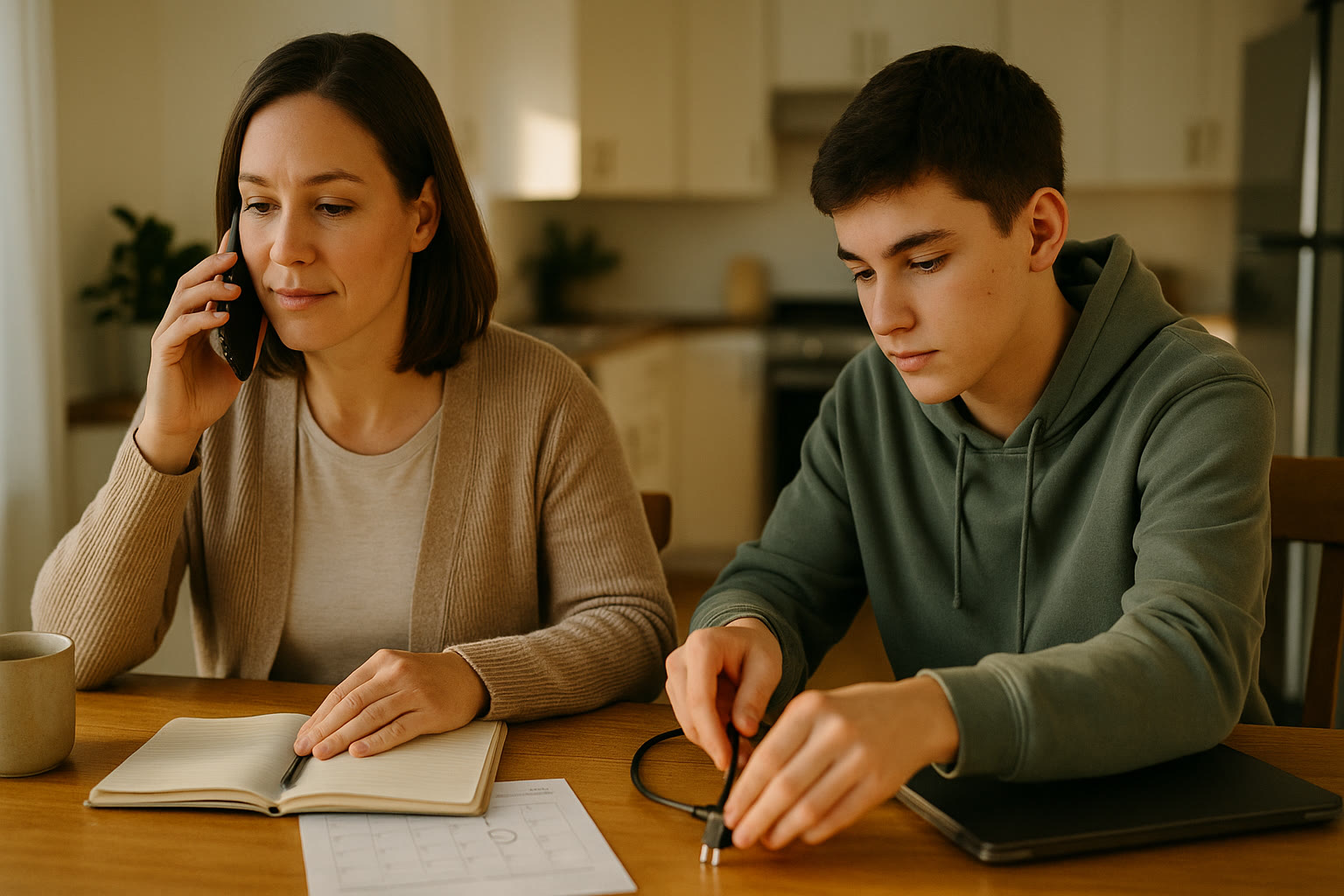 Photo Idea : A calm scene of a parent on the phone (calling the test center) while the teen plugs in their device, suggesting teamwork and practical action.