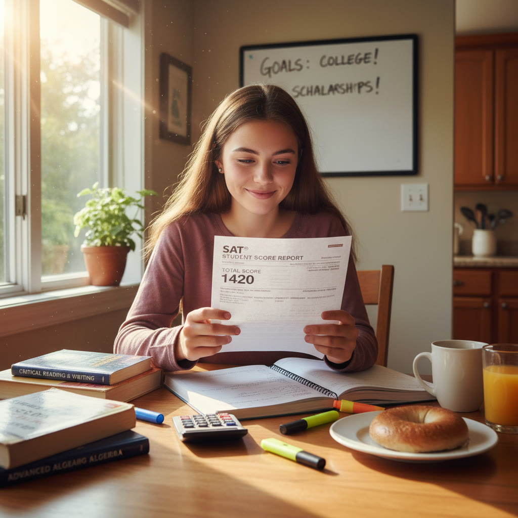 Photo idea: A student reviewing an SAT score report at a kitchen table with study materials, looking thoughtful but motivated.