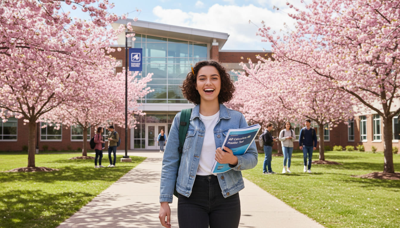 Photo Idea : A springtime scene of a student walking into school with a backpack, practice test in hand, smiling and relaxed—symbolizing readiness for exam day.