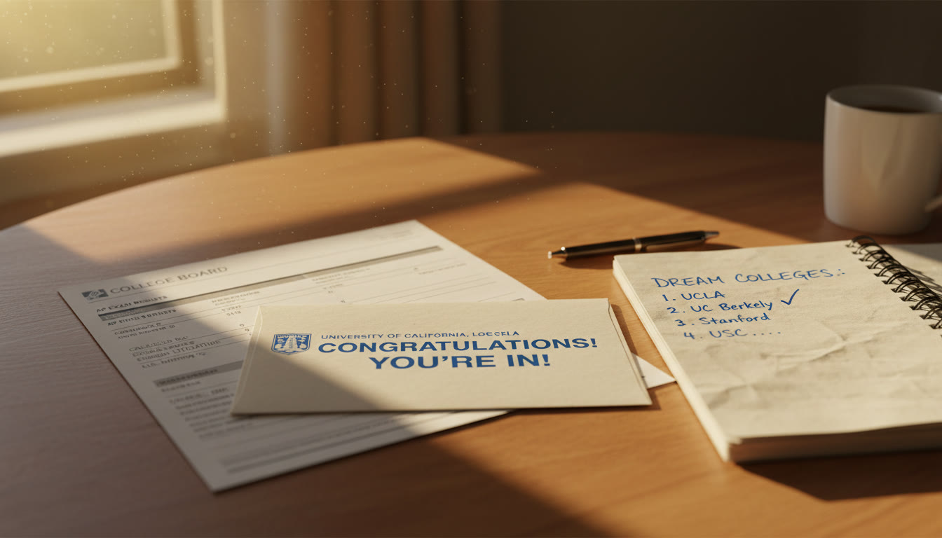 Photo Idea : A close-up of a college acceptance envelope, AP exam score report, and a handwritten college list on a wooden table — warm tones, implying the payoff of careful planning and strategic presentation.
