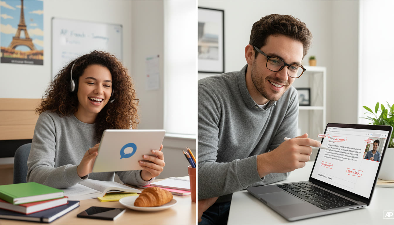 Photo Idea : A split-scene image showing a student practicing a spoken French summary on one side, and a tutor (virtual or in-person) reviewing a written paragraph on the other—emphasizing guided, personalized practice and feedback.