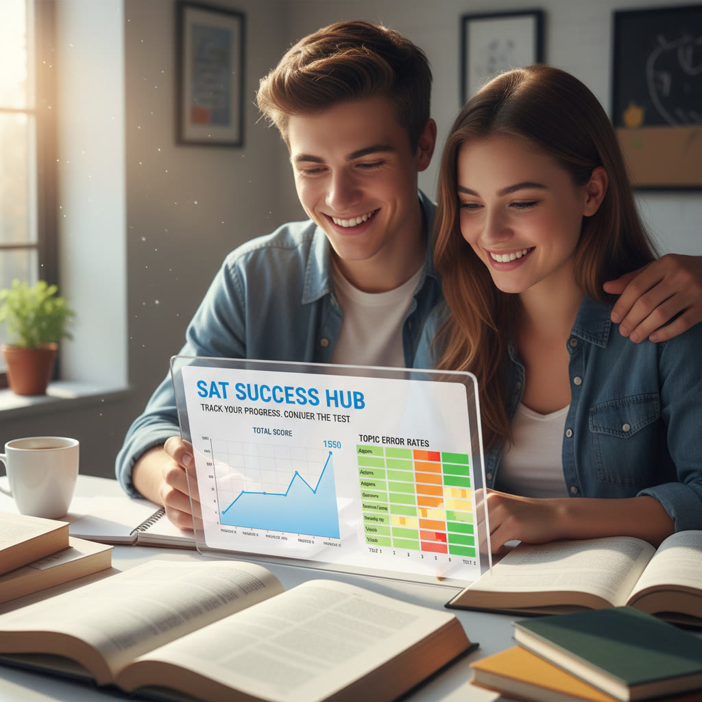 A screenshot of a spreadsheet dashboard showing a line chart of total score across practice tests and a heatmap matrix of topic error rates.