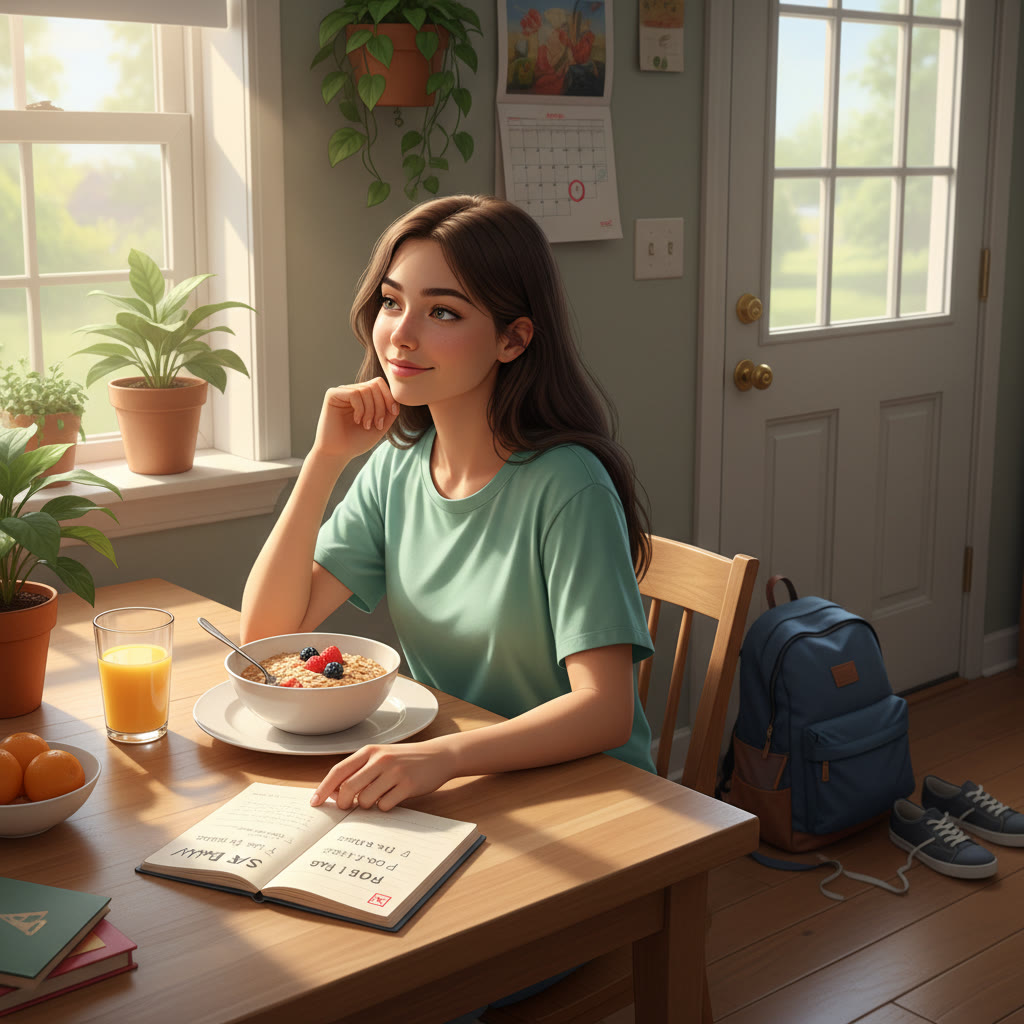 Photo idea: A morning scene showing a student having a balanced breakfast and checking a short, confident checklist before leaving—natural light, relaxed expression, and a packed bag beside the door.