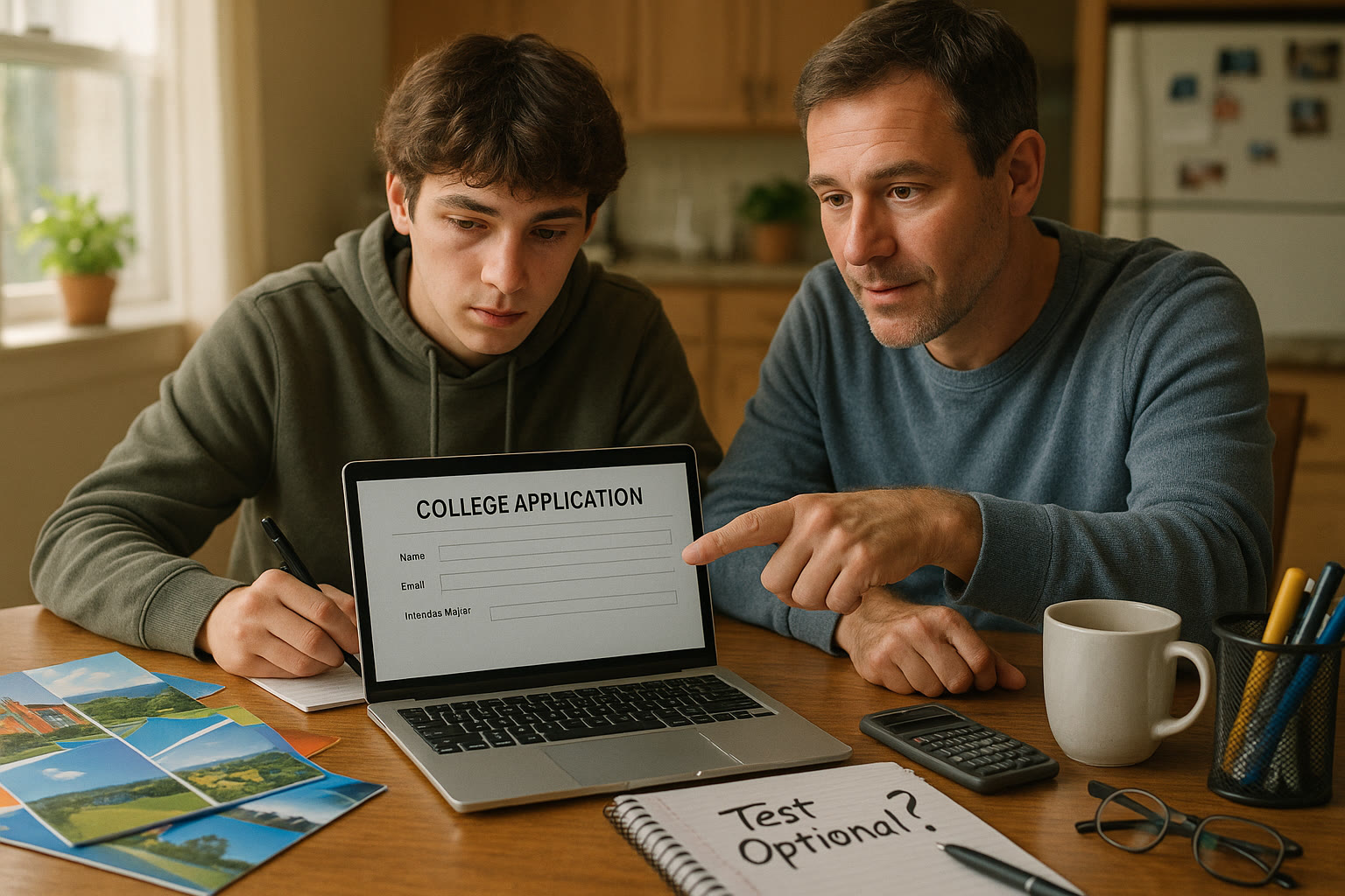 Photo Idea : A high school student and parent at a kitchen table with college brochures, a laptop showing an application form, and a notebook with “Test Optional?” written on it.