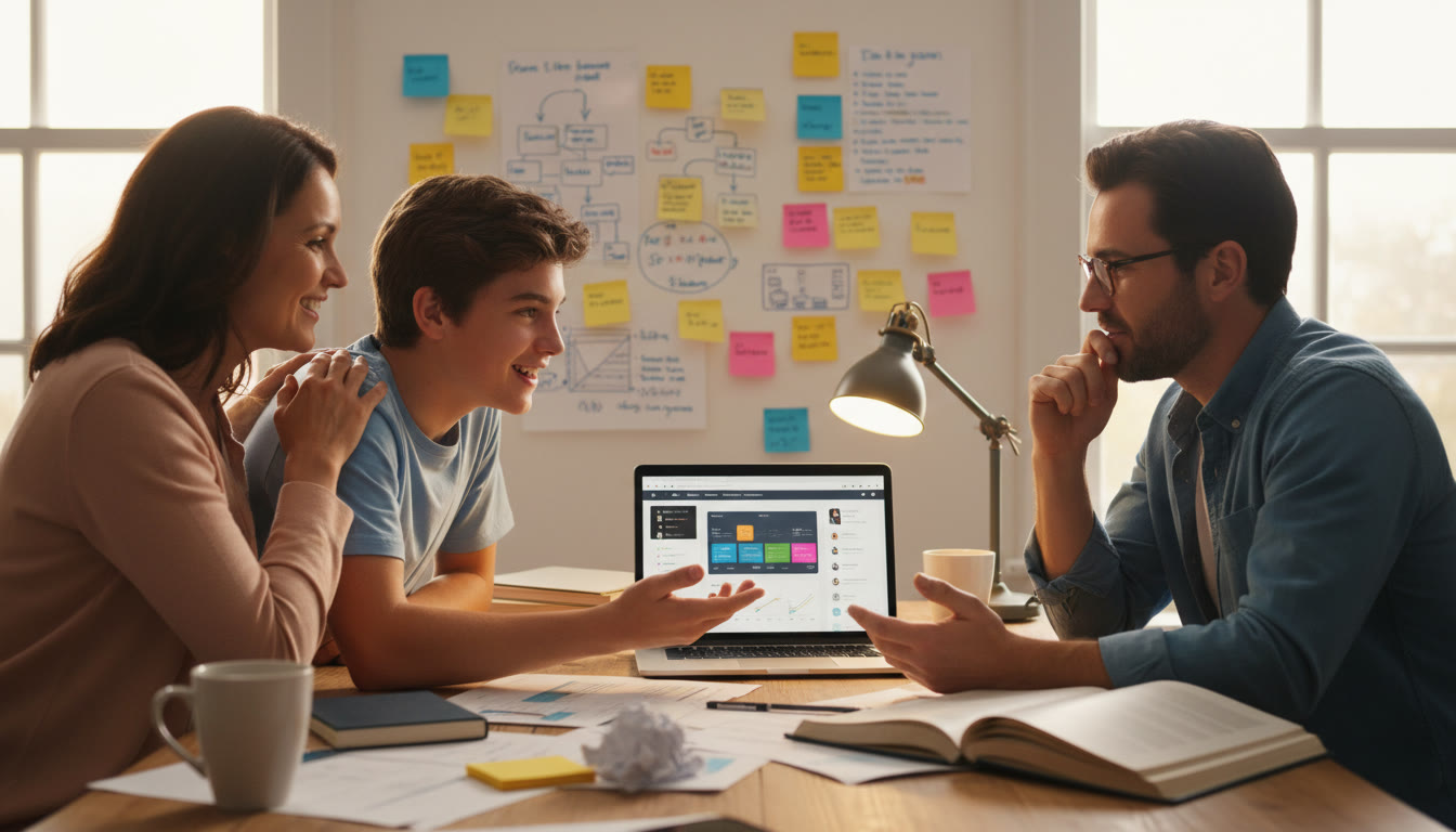 Photo Idea : A high-school student presenting a web app on a laptop to a parent and teacher—warm lighting, focused expressions, sticky notes on the wall suggesting planning.