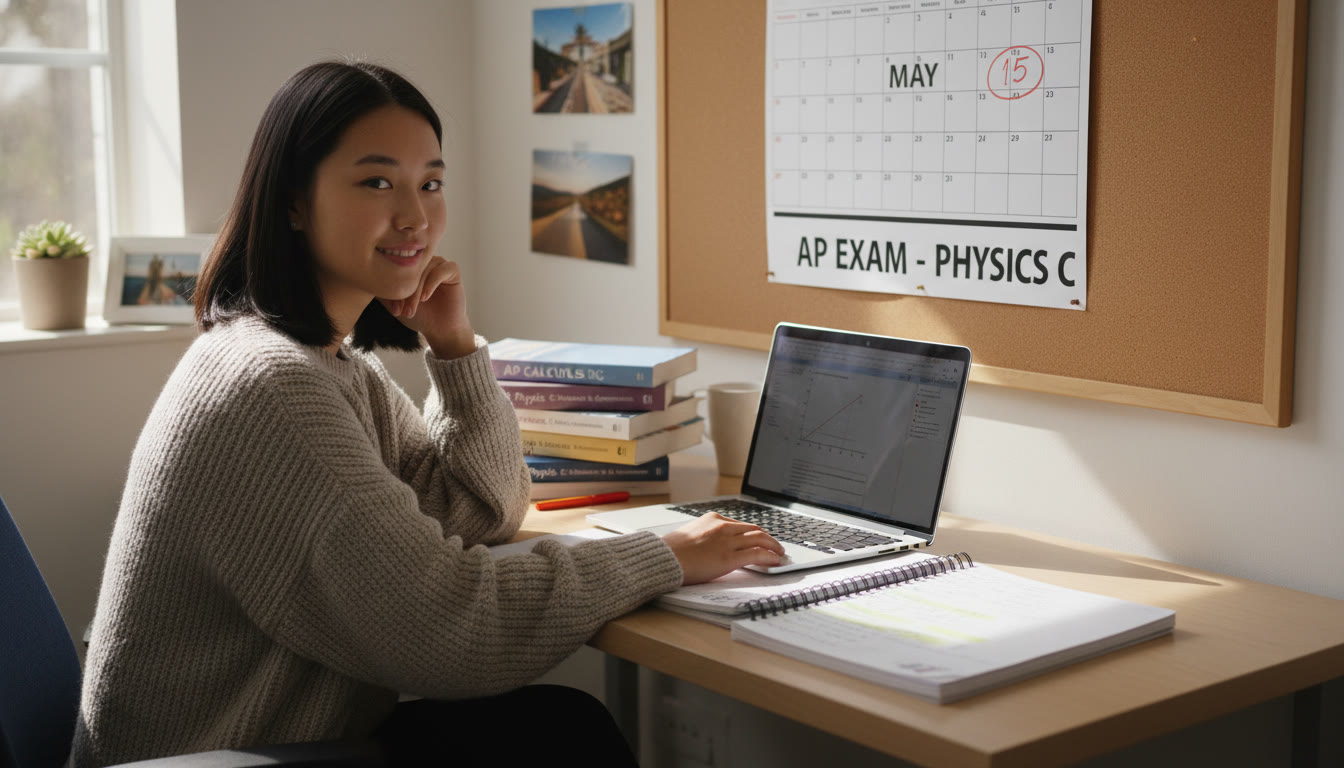 Photo Idea : A bright study nook with a student using a notebook and a laptop, a stack of AP prep books nearby, and a calendar with a May exam date circled. Mood: focused, calm, prepared.