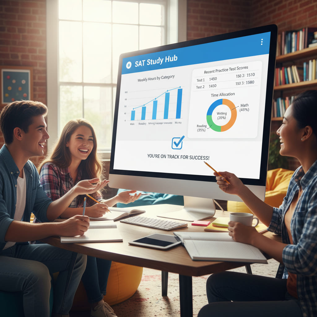 Mockup of a study dashboard showing weekly hours by category, a small table of recent practice-test scores, and a pie chart of time allocation across Reading, Writing & Language, and Math.