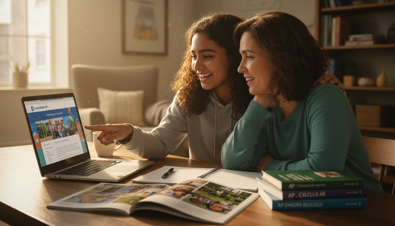 Photo Idea : A bright study scene showing a high school student and parent looking at a laptop together, college brochures on the table, and a small stack of AP books — warm, optimistic lighting.