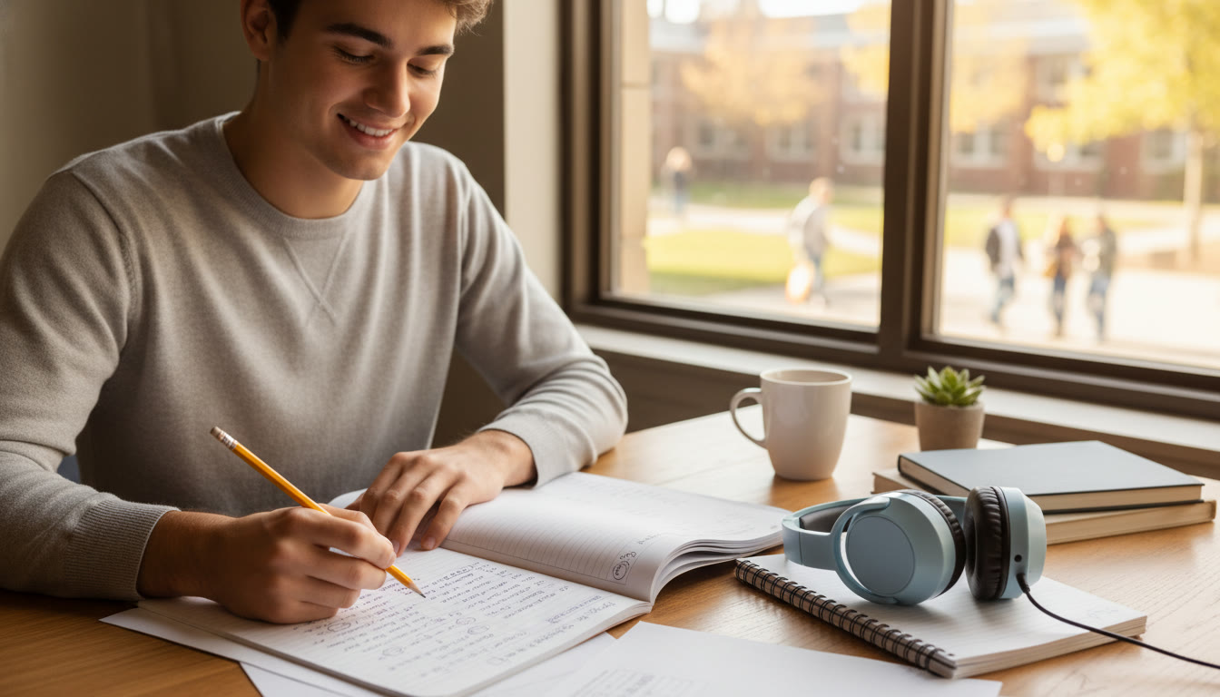 Photo Idea : A calm student at a desk holding a pencil mid-answer, French notes and a headphone nearby — evokes focus and recovery under exam conditions.