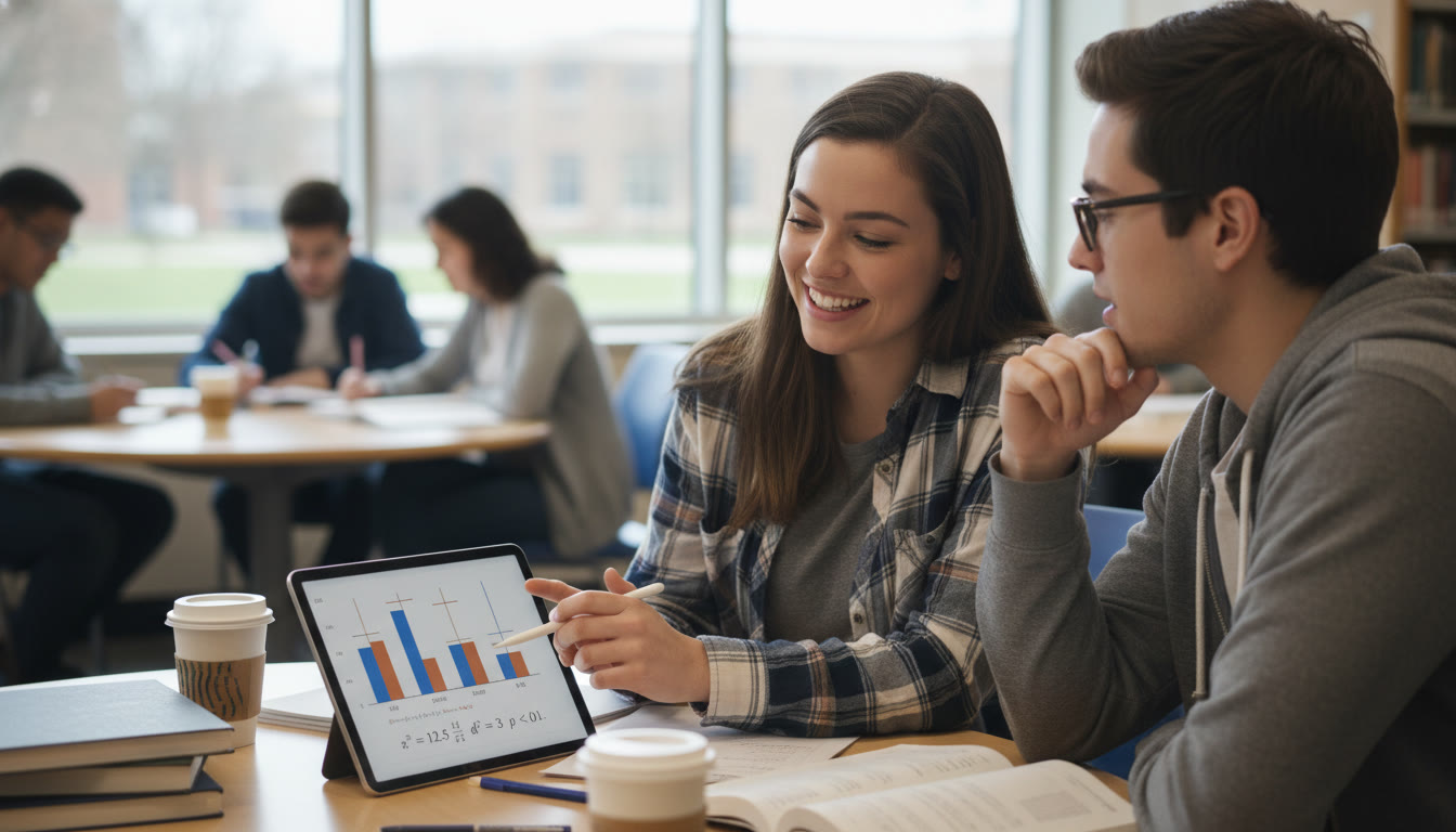 Photo Idea : A close-up of a student explaining a bar chart with error bars and a chi-square calculation to a peer at a small table; conveys collaboration and clarity in study.