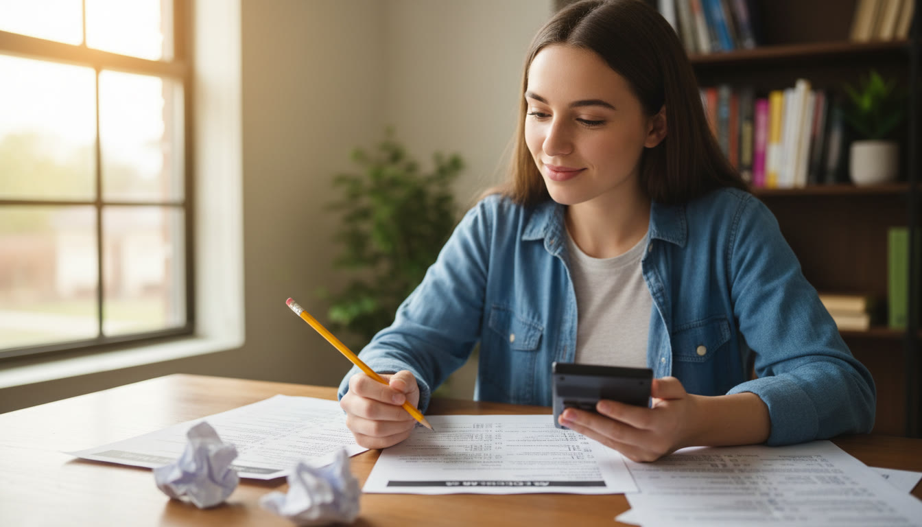 Photo Idea : A student at a desk with a pencil in one hand and a calculator in the other, looking thoughtfully at a printed question sheet—warm natural light, conveys calm focus. Place near the start of timed strategies to show exam context.