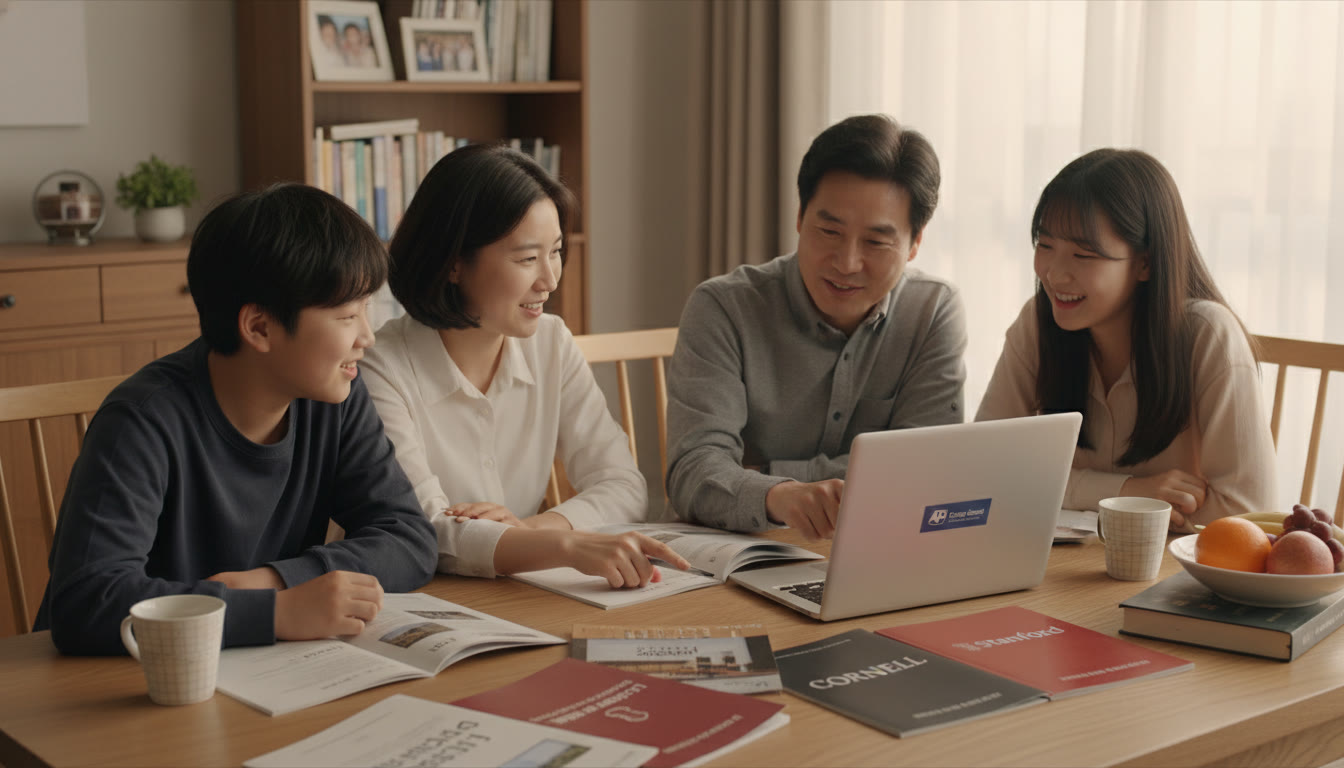 Photo Idea : A warm, candid photo of a Korean family gathered around a dining table with university brochures and a laptop, showing engaged conversation and gentle smiles — conveys family decision-making.