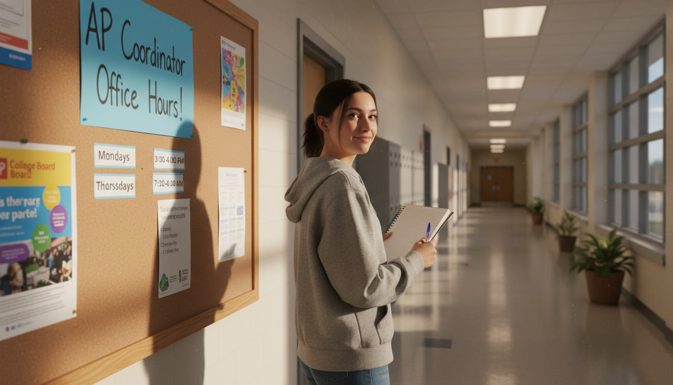 Photo Idea : A quiet school corridor with a bulletin board advertising AP Coordinator Office Hours and a student holding a notebook, looking confident. Bright, natural light, candid style.