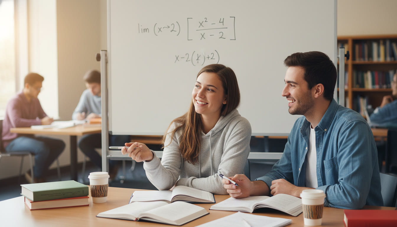 Photo Idea : A student working with a tutor at a desk, with a whiteboard showing a limit problem and a calm, encouraging expression on the tutor—focus on collaboration and clarity.