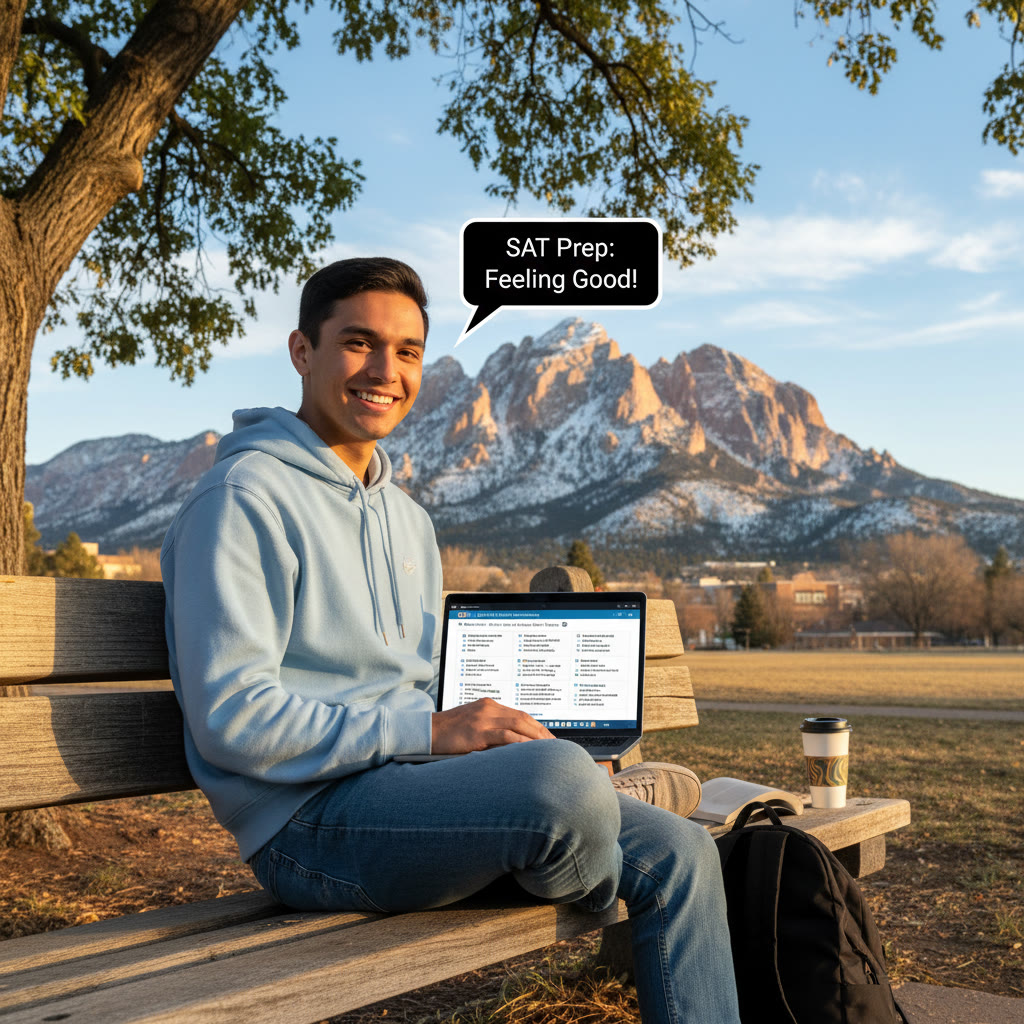 Photo Idea : A relaxed student studying on a sunlit CU Boulder campus bench with a laptop open to a practice Digital SAT screen, mountains in the background.