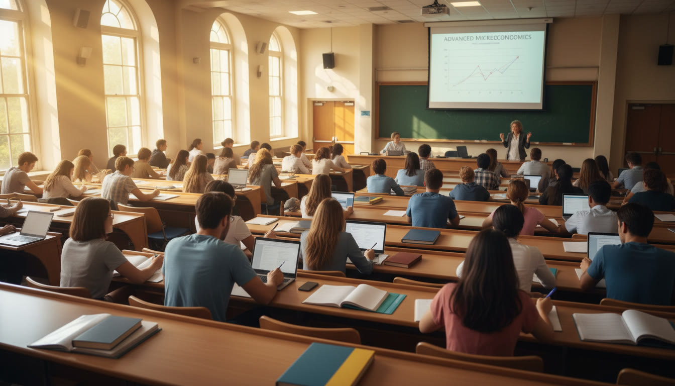 Photo Idea : A bright, hopeful image of a college lecture hall from the back, showing engaged students taking notes — evokes the future payoff of AP preparation.