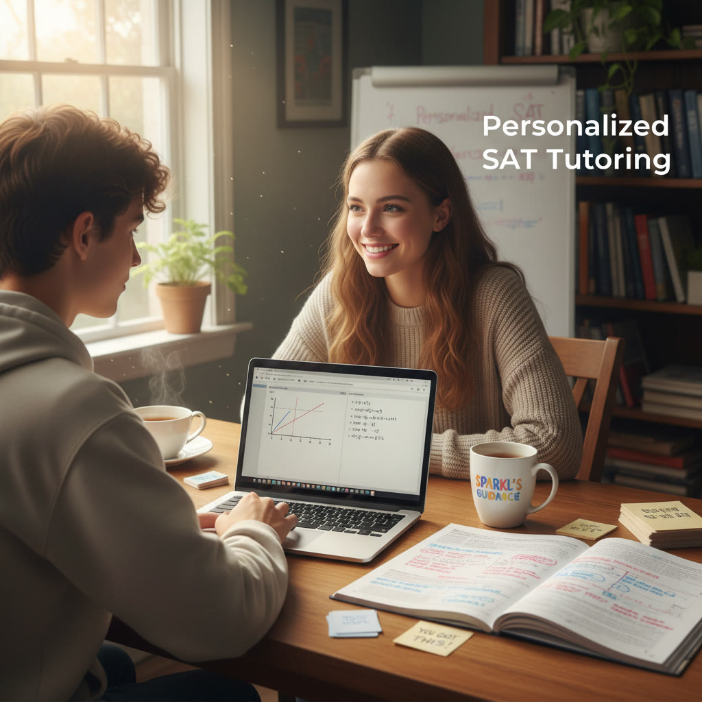 Photo Idea : A warm, reassuring photo of a tutor and student working one-on-one at a table — laptop open, annotated practice test visible, and a coffee mug — to reflect personalized tutoring like Sparkl’s 1-on-1 guidance.